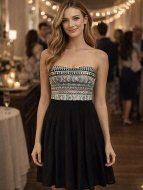 Strapless dress black mini sequined top | skater skirt | smocking open Back